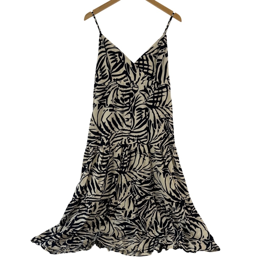 Patrons of Peace Cream Black Tropical Palm Tiered Smocked Maxi Dress L Boho
